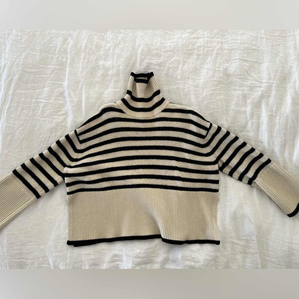 Toteme Black and Cream Striped Turtleneck Sweater